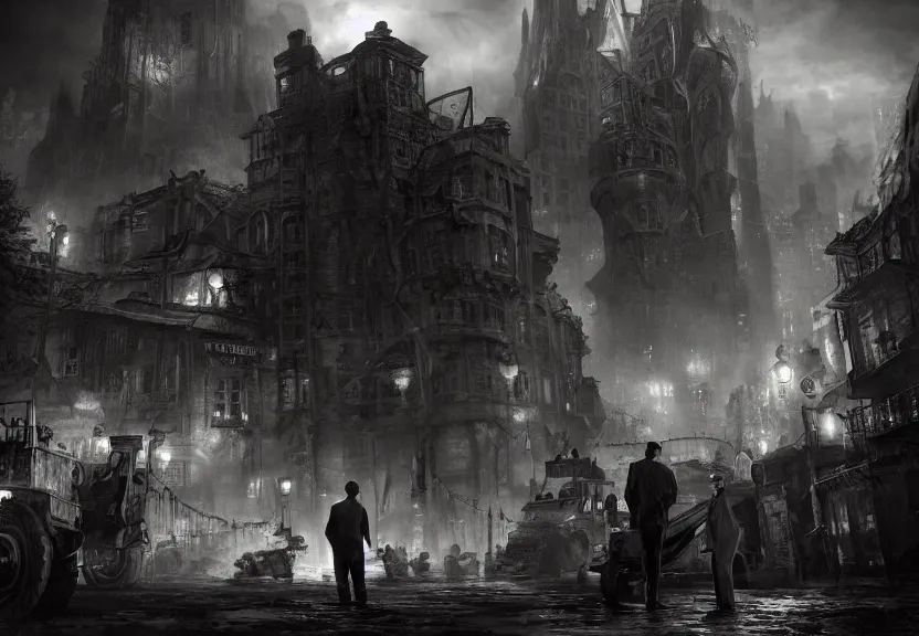 Prompt: painting of the figures of three investigators in a lovecraftian arkham city scenery, 1 9 2 0 cars, high contrast, concept art, dramatic lighting, digital art, 8 k, arkham city, call of cthulhu, extremely detailed, drawn by ruan jia