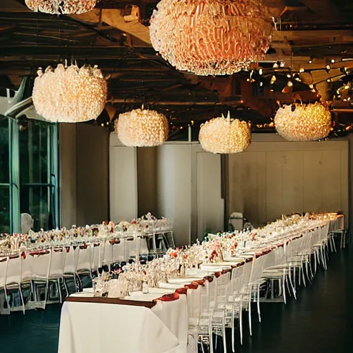 Prompt: wedding reception designed by charles and ray eames