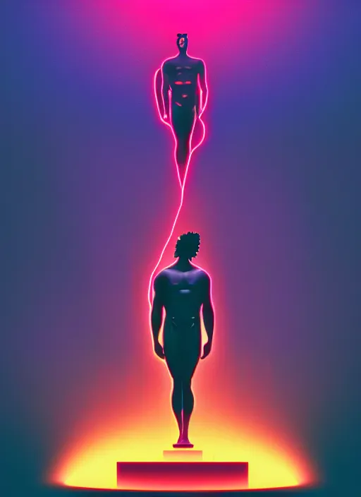 Image similar to statue of hercules, beeple, android jones, ( ( ( ( ( dan mumford ) ) ) ) ), vaporwave, retrowave, black background, neon wiring, black, glitch, strong contrast, cuts, pinterest, trending on artstation