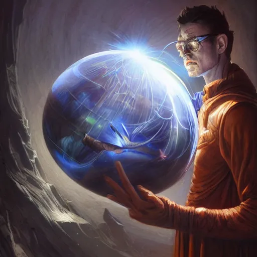 Image similar to sci - fi male traveler wearing a cloak and holding a holographic planet projection in his hand, detailed, sci - fi, digital painting, artstation, sharp focus, illustration, ominous, artgerm, tomasz alen kopera, peter mohrbacher, donato giancola, joseph christian leyendecker, wlop, frank frazetta