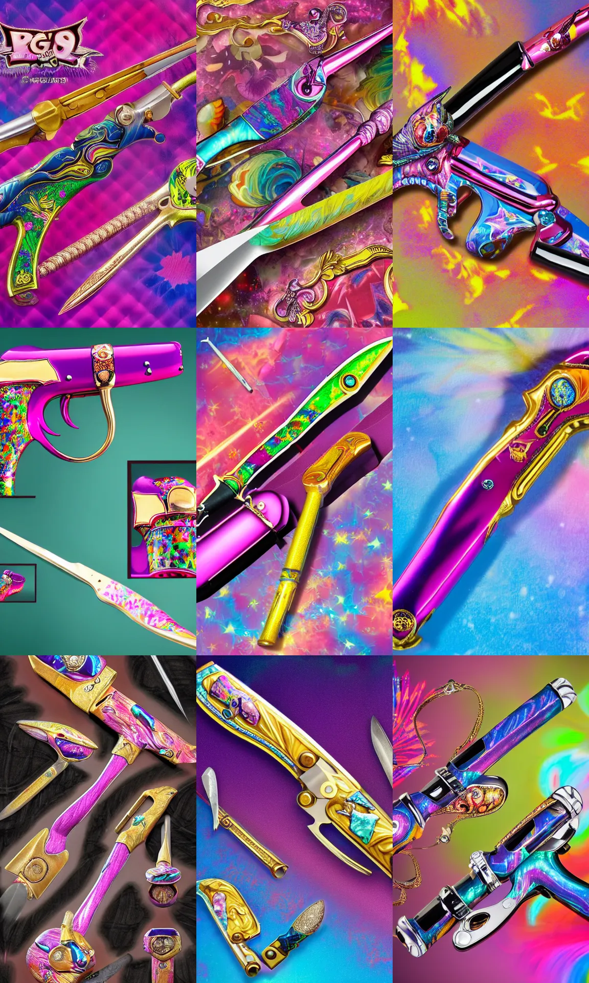 Prompt: legendary melee weapon designed by Lisa Frank in collaboration with The House of Fabergé, high resolution auction photo