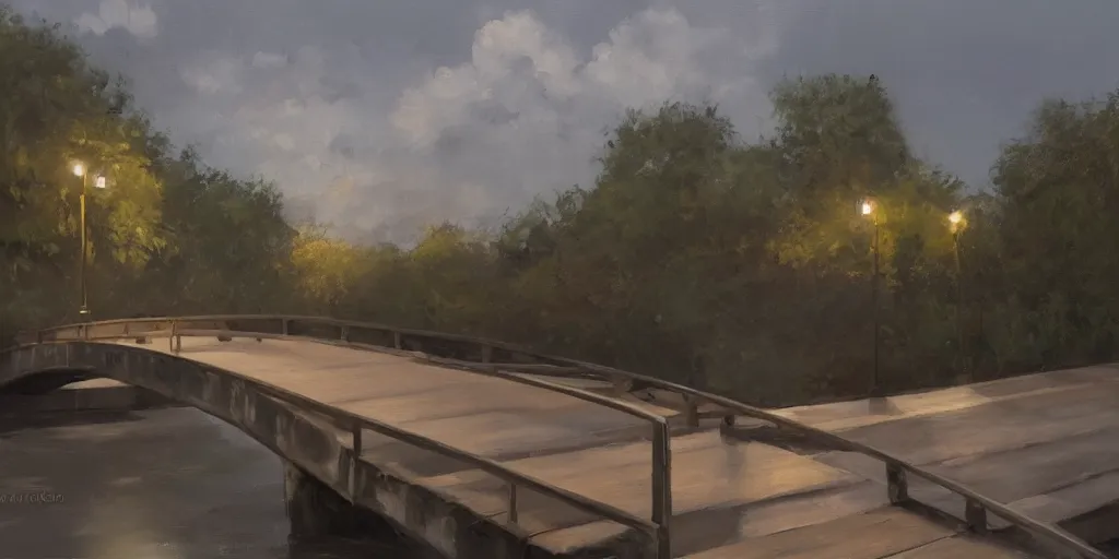 Prompt: a footbridge, cinematic lighting, detailed oil painting, hyperrealistic, 8k