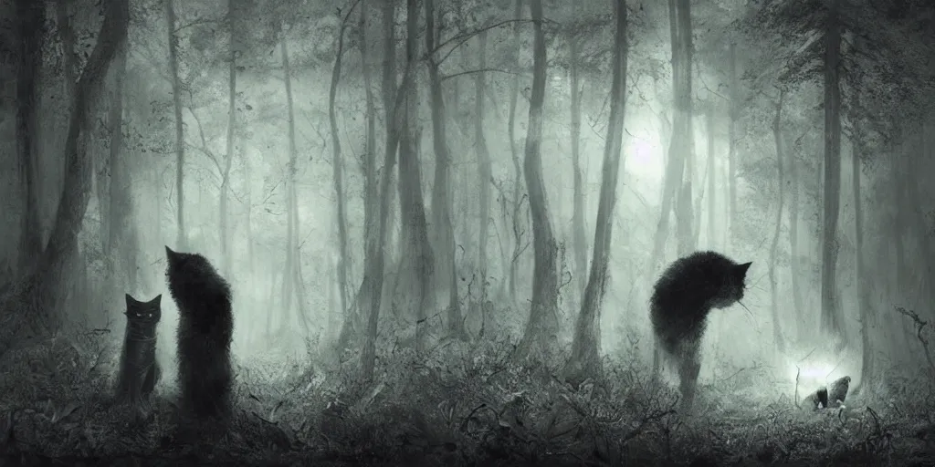 Image similar to a dog and cat find a strange huge creature in the woods, ominous atmosphere, dark environment, one source of orange light. art by artem demura and anton semenov