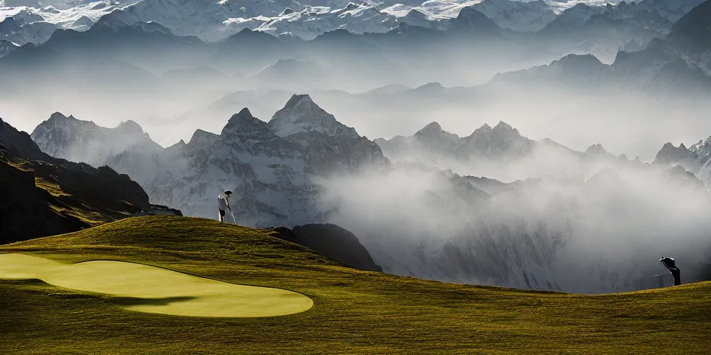 Image similar to a great photograph of the most amazing golf hole in the world, perfect light, in the swiss alps, high above treeline, ambient light, 5 0 mm, golf digest, top 1 0 0, fog