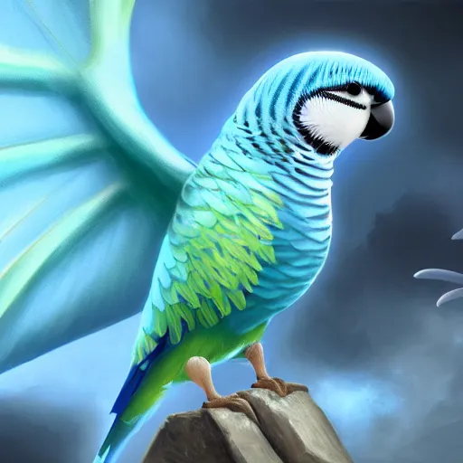 Image similar to an oil painting of a blue budgie with dragon wings, hd, hdr, ue 5, ue 6, unreal engine 5, cinematic 4 k wallpaper, 8 k, ultra detailed, high resolution, artstation, award winning