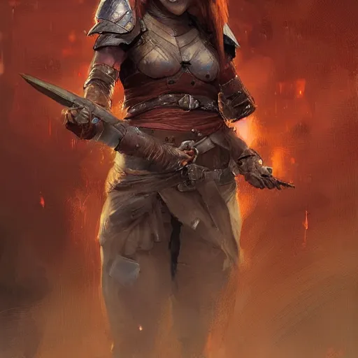 Prompt: a rustic woman wearing ninja armor, detailed face, redhead, by greg rutkowski, mandy jurgens