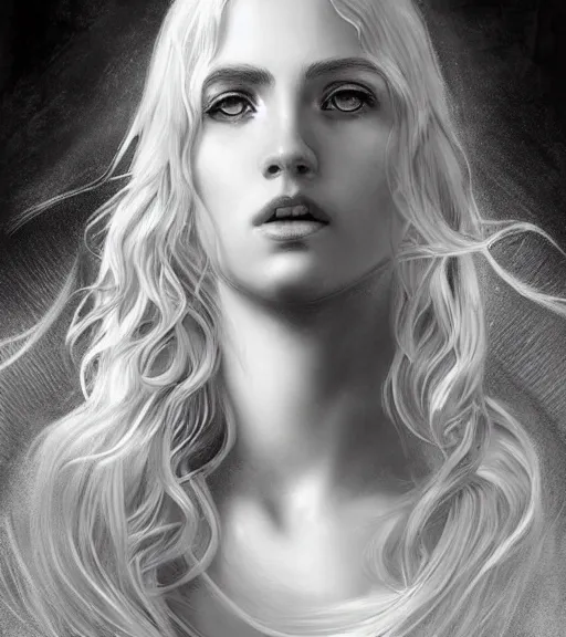 Image similar to beautiful young aphrodite goddess with beautiful piercing eyes and flowing blonde hair, archer, realistic face, black and white drawing, in the style of greg rutkowski, fantasy, amazing detail, epic, intricate, elegant, smooth, sharp focus