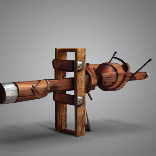 Prompt: a catapult with multiple launchers, 3D model, octane render, wooden