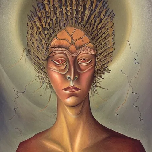 Image similar to a beautiful highly detailed painting of a woman in the style of Remedios Varo.