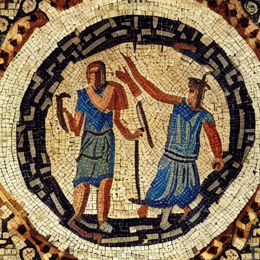 Image similar to an ancient roman mosaic of 2 persons throwing a frisbee