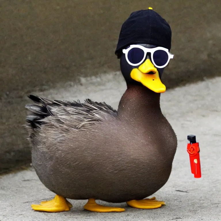 Prompt: a cool duck wearing sunglasses and a black cap while holding a pepper spray