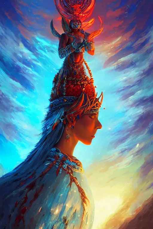 Image similar to beautiful ageless goddess of fire and ice wearing an elaborate costume and headdress, grimdark fantasy, detailed matte painting by Brom and Alena Aenami and Peter Mohrbacher, bokeh, Artstation, cinematic gel lighting, rainbow aventurescence