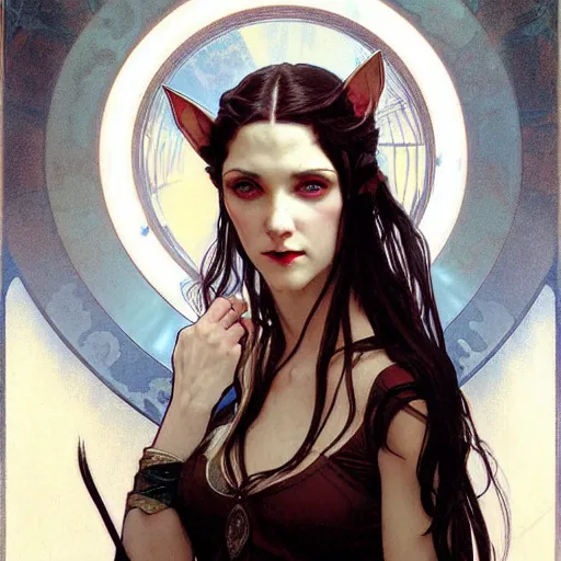 Image similar to Portrait of a pretty half-elf half-vampire young woman. Her hair is both black and white. Her eyes have red irises and vertical pupils. Art by Greg Rutkowski and Alphonse Mucha