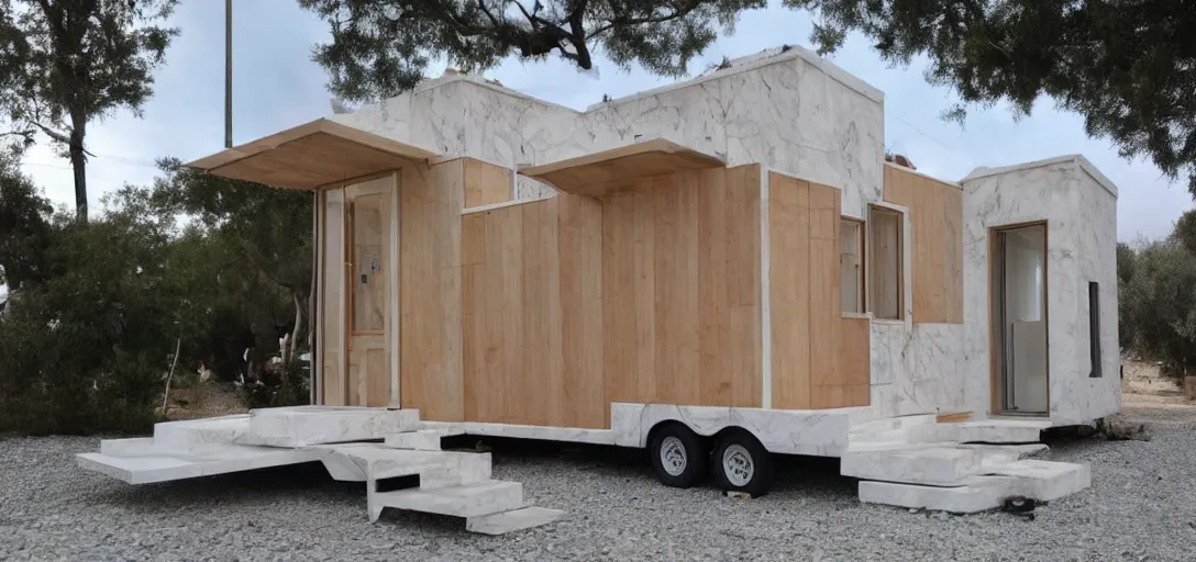 Prompt: greek tiny house on trailer made of marble designed by iktinos and callicrates.