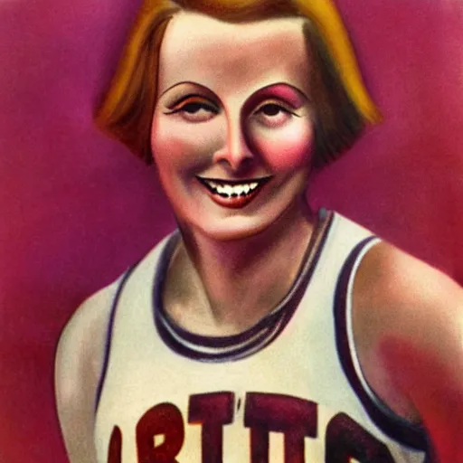 Image similar to a 1 9 2 8 color drawing portrait. calm, happy, healthy, smiling, sporty, young, glowing greta garbo in athletic wear with big smile and healthy teeth. realistic, high quality.