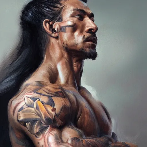 Prompt: A head-on detailed oil portrait of muscular martial artist with orchid tattoos on his arm by greg rutkowski and artgerm, trending on artstation