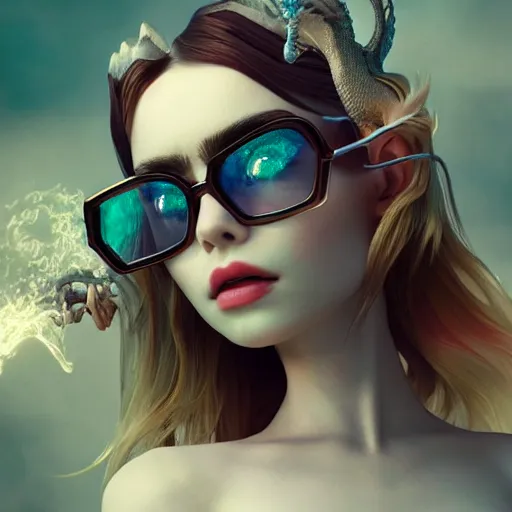 Prompt: abeautiful + blonde + dragon queen + white hair + cool black glasses + holding a pistol + lily collins, floating under the deep dream water, beautiful smooth soft light + white petal, oil paint, cinematic lighting, octane render, unreal engine 5, closeup, 4 k, highly detailed, instagram,