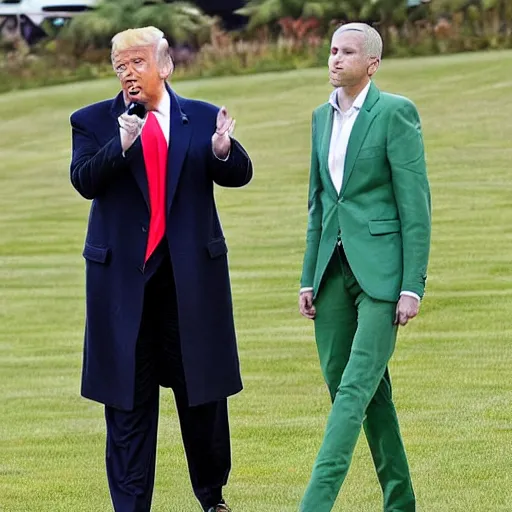 Prompt: donald trumps hair got up, green legs and walked off his head