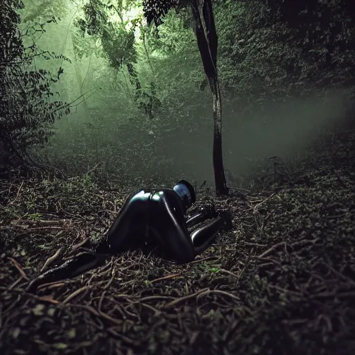 Image similar to national geographic photo, a man wearing a black shiny latex suit including pants and a shirt and mask laying on the ground and crawling through dense jungle underbrush, night photo, low fog and mist