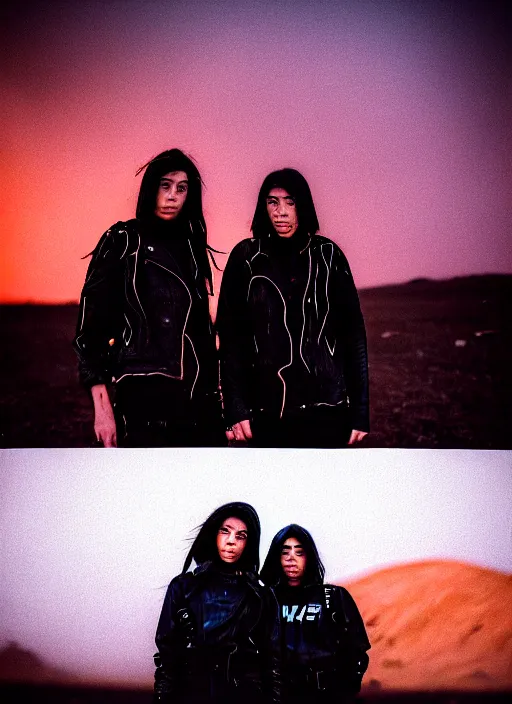 Image similar to cinestill 5 0 d photographic portrait of two loving clones, women wearing rugged black techwear on a desolate plain with a red sky, extreme closeup, diverse species, cyberpunk, in front of a brutalist dark metal facility, dust storm, 3 5 mm, 8 k, f / 3 2, high resolution, ultra realistic faces, beautiful