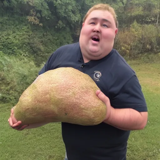 Prompt: fat man holding the worlds largest yam