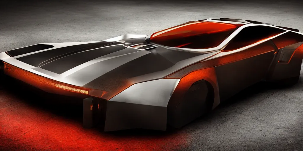 Image similar to a design of a futuristic DMC Delorian, designed by Polestar, blade runner background, front and back view, stained antique copper car paint, black windows, sportscar, dark show room, dramatic lighting, hyper realistic render, depth of field