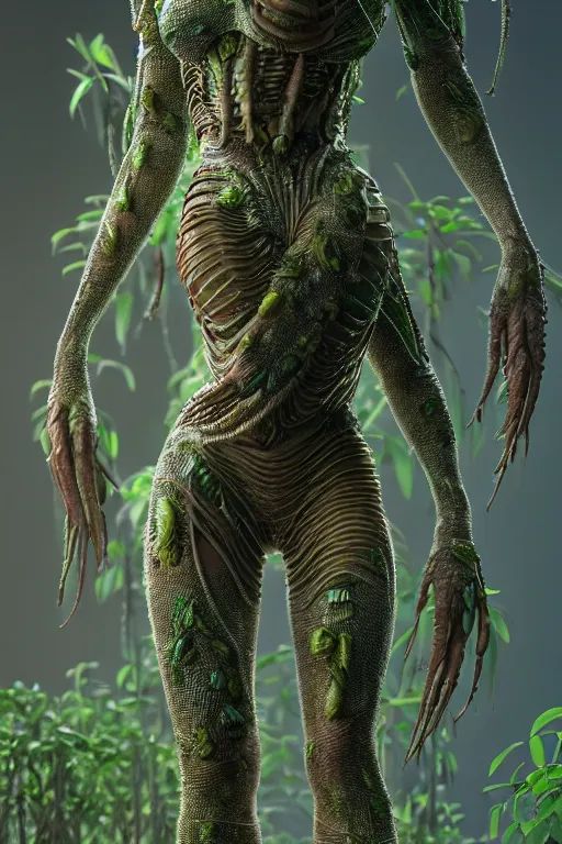 Image similar to skin concept costume, in full growth, biopunk, plant predator, predator, trypophobia, plants and worms, many details, crystals, guyver style, 3 d, cinematic, hyper realism, high detail, octane render, art by hans giger