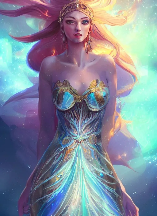 Image similar to a highly detailed illustration of elegant goddess wearing cosmic dress, elegant floating pose, beautiful detailed figure, nebula background, intricate, elegant, highly detailed, centered, digital painting, artstation, concept art, smooth, sharp focus, league of legends concept art, wlop