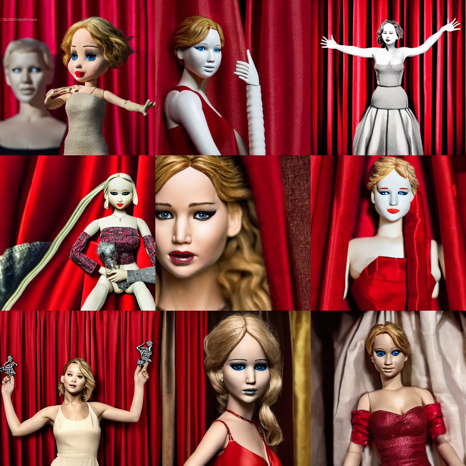 Prompt: Jennifer Lawrence as a puppet on strings behind red curtains, highly detailed, high quality, HD, 4k, 8k, Canon 300mm, professional photographer, 40mp, lifelike, top-rated, award winning, realistic, sharp, no blur, edited, corrected, trending