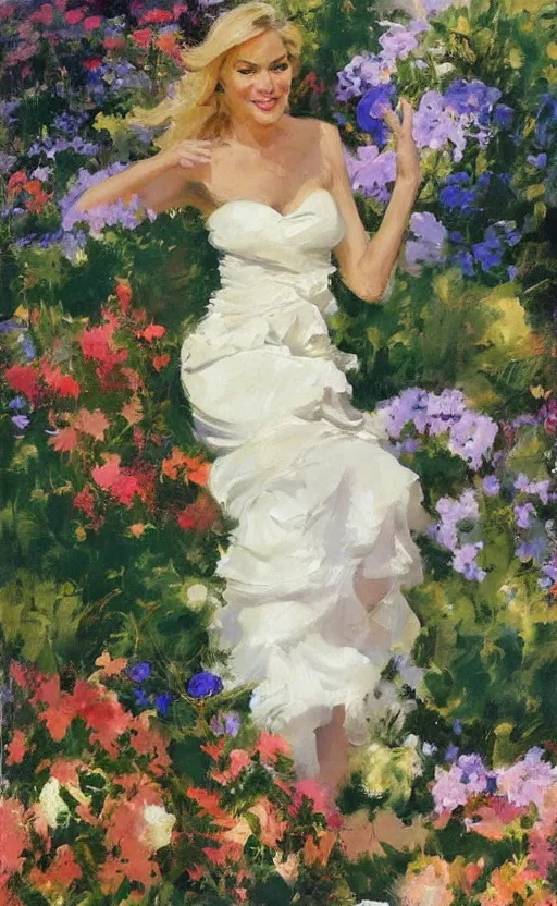 Image similar to romantic portrait of donald trump in an elegant dress surrounded by beautiful flowers, by gregory manchess, james gurney, james jean