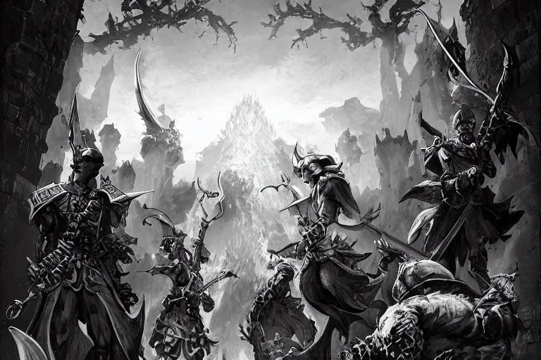 Prompt: black and white point perspective dungeon cozy fantasy dungeon clean battle mages are fighting a group of fire trapmasters,by artgerm and Craig Mullins, James Jean, Andrey Ryabovichev, Mark Simonetti and Peter Morbacher 16k