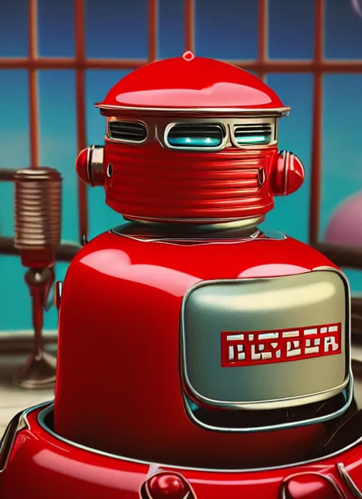 Image similar to highly detailed closeup, profile portrait of a tin toy 1 9 5 0 s robot diner, bikini, unreal engine, nicoletta ceccoli, mark ryden, earl norem, lostfish, global illumination, detailed and intricate environment