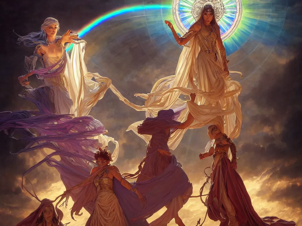 Image similar to painting of powerful stylish sorcerer and a cleric banishing shadow creatures with a rainbow spell, ultra realistic, concept art, intricate details, eerie, highly detailed, photorealistic, octane render, 8 k, unreal engine. art by artgerm and greg rutkowski and magali villeneuve and alphonse mucha
