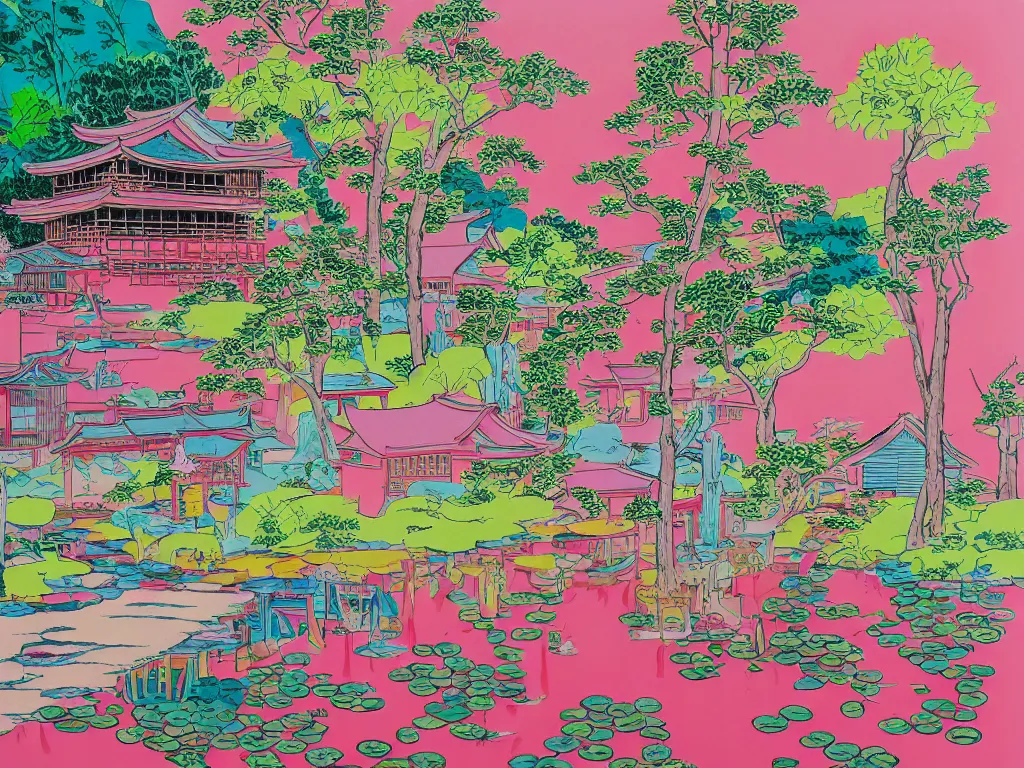 Image similar to image of a traditional japanese house with a garden, a pond in the garden, pink children are sitting around it, a combination of pop art and traditional japanese painting styles, the style of andy warhol, roy lichtenstein and jackie tsai, bright palette, acrylic on canvas