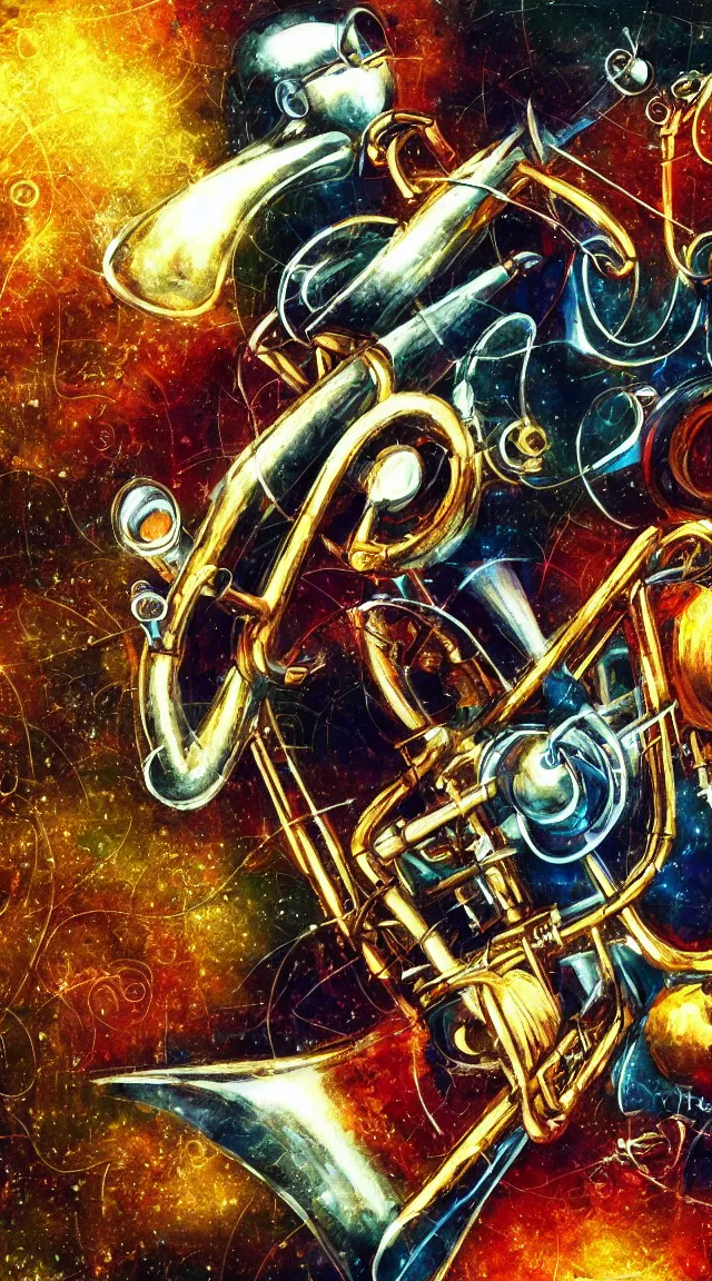 Image similar to jazz, trumpet, sci fi, music notes, robot, wallpaper, masterpiece, hdr