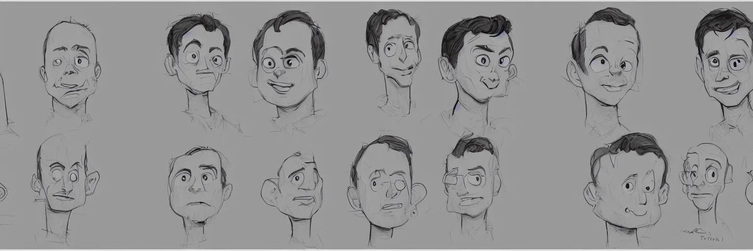 Image similar to character study of julian lage and jim parsons, clear faces, innocent, naive, character sheet, fine details, concept design, contrast, kim jung gi, pixar and da vinci, trending on artstation, 8 k, full body and head, turnaround, front view, back view, ultra wide angle