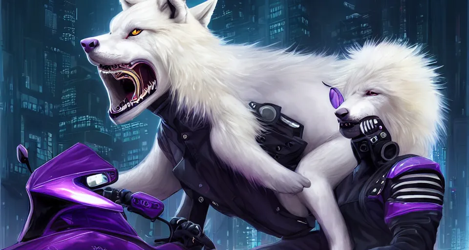 Image similar to wide angle award winning beautiful portrait commission of a male furry anthro albino wolf fursona with a tail and a cute beautiful attractive detailed furry face wearing stylish black, purple and yellow cyberpunk biker clothes riding a cybertech motorcycle in a cyberpunk city at night while it rains. Character design by charlie bowater, ross tran, artgerm, and makoto shinkai, detailed, inked, western comic book art