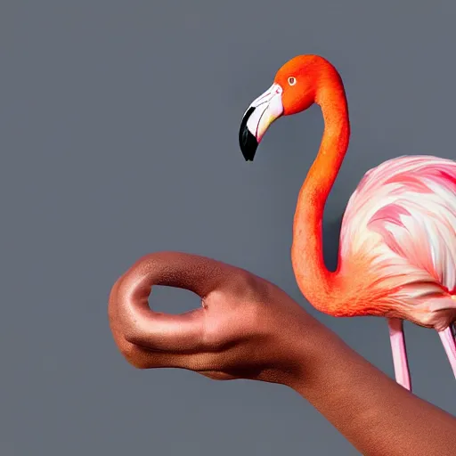 Image similar to A flamingo with human arms, photography, realistic