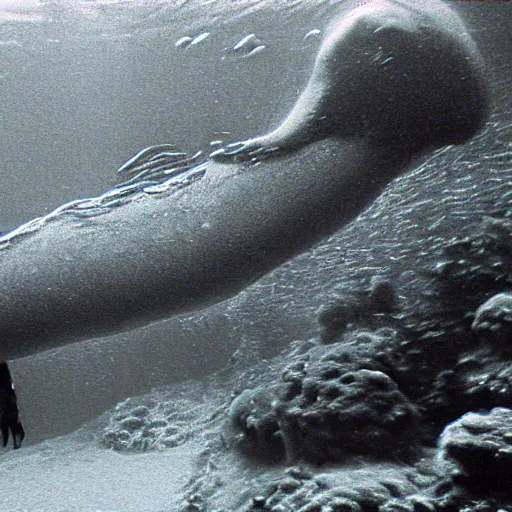 Prompt: analog photograph of a gigantic underwater sea monster, a small female scuba diver for scale, film grain, color bleed, bokeh, depth of field