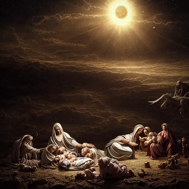 Prompt: ribbed abandoned closeup Nativity of Jesus scene portrait on exoplanet, baroque painting, standing in a desolate empty wasteland, creepy, nightmare, dream-like heavy atmosphere, surreal abandoned buildings, beautiful detailed intricate insanely detailed octane render trending on Artstation, 8K artistic photography, photorealistic, chiaroscuro, Raphael, Caravaggio, Beksinski, Giger