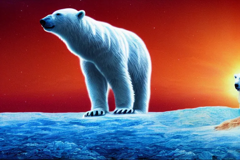 Image similar to polar bear blessed by the amoeba, painted by russ nicholson and chesley bonestell, trending on artstation, dramatic red or cyan lighting tilt - shift multiple exposure, doge, colored pencil art, macro, monumentalism