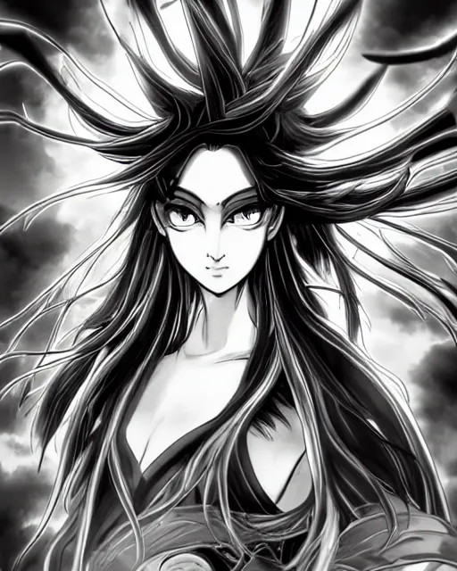 Image similar to Mind Flayers, wind-like hair posing on a boat, black and white, fantasy art, female art, in the style of masami kurumada, illustration, epic, fantasy, intricate, hyper detailed, artstation, concept art, smooth, sharp focus, ray tracing