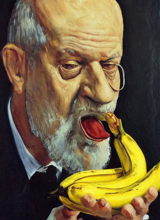 Prompt: “oil painting of sigmund Freud eating a banana, by lucian freud, Freudian, fleshy, bold brush strokes”