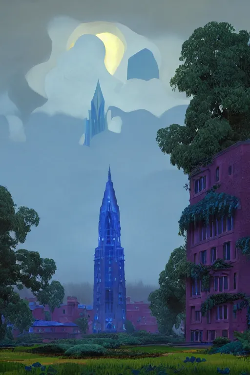 Image similar to view of the mysterious blue tower in its gardens after a storm, tall windows lit up, beautiful ornamental architecture, dramatic cinematic lighting, rich colors, by Nicholas Roerich and William Dyce and April Gornik and Sylvain Sarrailh and Ludwig Deutsch and Diego Rivera, unreal engine