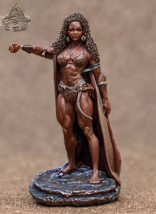 Prompt: 80mm resin detailed miniature of a Very Muscular Queen, long cloak, brown skin, short hair, on textured disc base, Company logo in upper left corner; Miniature product Photo, 4K, Full body