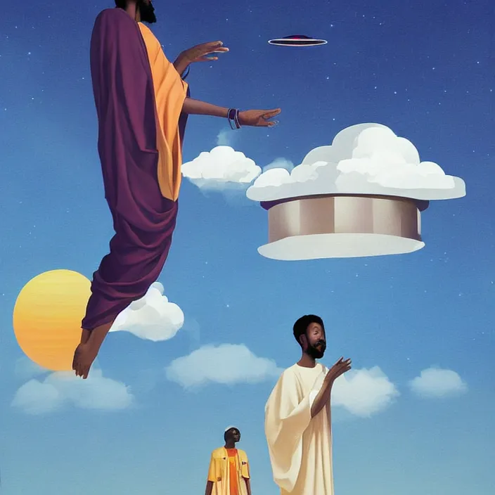 Image similar to UFO hovering over an African Jesus , clouds, colourful, painting by Hsiao-Ron Cheng,