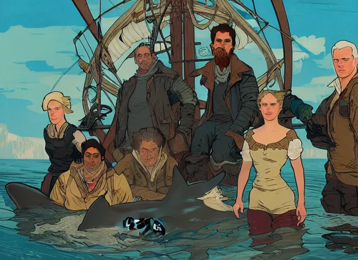 Prompt: the crew. diverse group of sailors. whaling crew. monstrous whale jumping from sea in background. fantasy concept art. portrait illustration, pop art, art by ashley wood, alphonse mucha, laurie greasley and josan gonzalez. cinematic. dynamic lighting. realistic. creative design. cell shading. ( witcher 3 concept art )