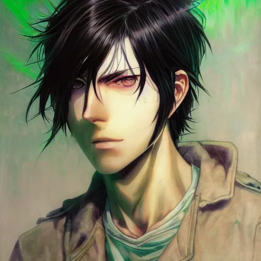 Image similar to prompt : eren yeager portrait, long hair, green eyes, soft light painted by james jean and katsuhiro otomo and erik jones, inspired by akira anime, smooth face feature, intricate oil painting, high detail illustration, sharp high detail, manga and anime 1 9 9 9