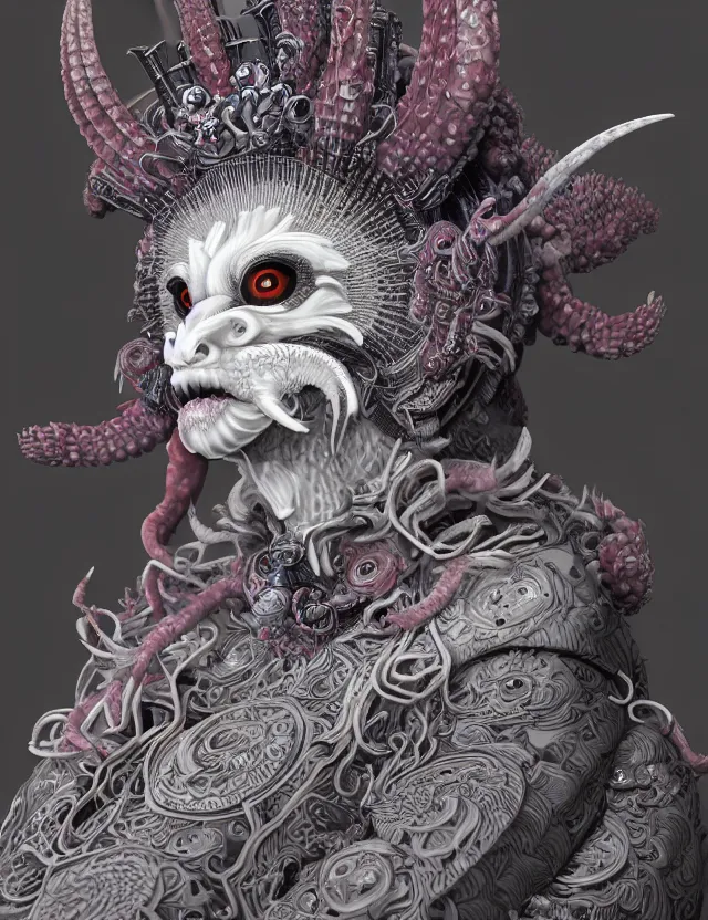 Image similar to 3 d goddess close - up profile satan biohazard portrait with crown, ram skull. beautiful intricately detailed japanese crow kitsune mask and clasical japanese kimono. betta fish, jellyfish phoenix, bio luminescent, plasma, ice, water, wind, creature, artwork by tooth wu and wlop and beeple and greg rutkowski