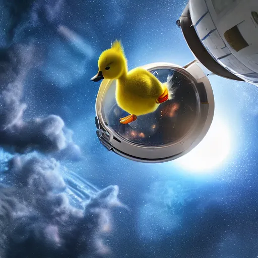 Prompt: A little duckling floating in space with an astronaut suit, 4k, photograph, photoreal, realistic, highly detailed, epic lighting, awar winning